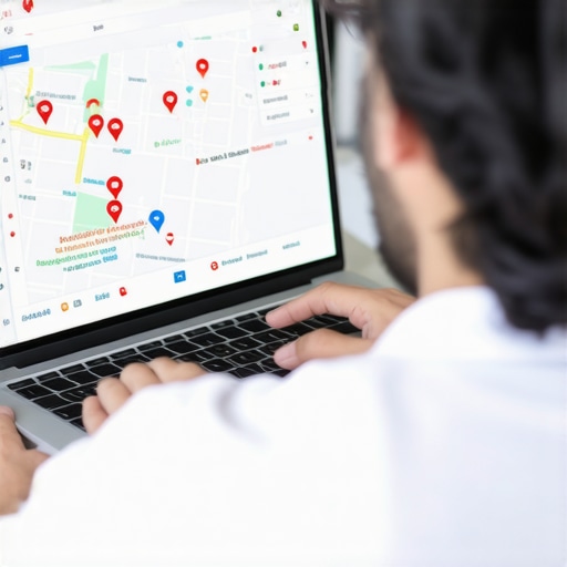 Digital marketer reviewing local SEO and Google Maps data on a laptop.