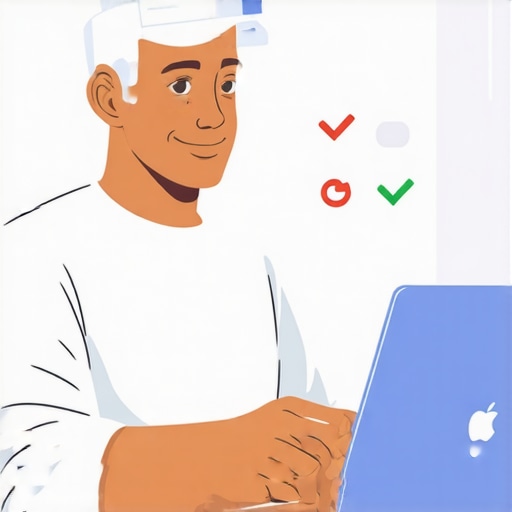 Business owner optimizing GMB profile on laptop with checkmarks and keywords.