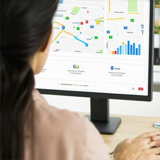 Digital marketer analyzing Google Maps data on a laptop with charts and maps.