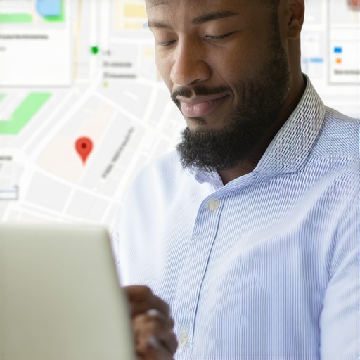 Business owner enhancing Google My Business profile on laptop with map visuals.