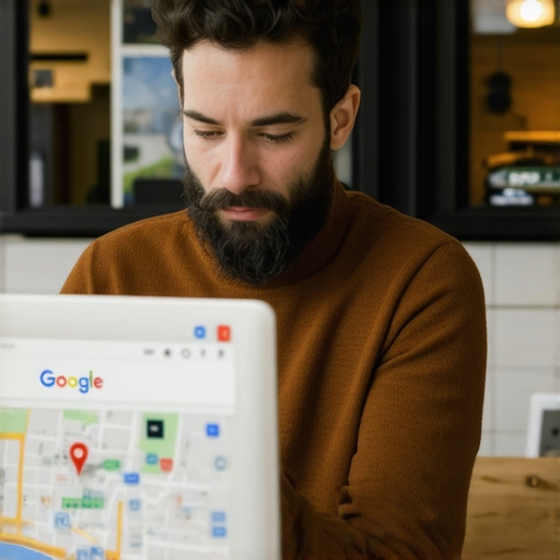 Business owner editing Google My Business listing on a laptop with storefront photos and map interface