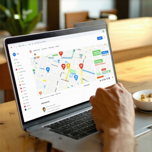 Business owner updating Google My Business profile on a laptop with analytics and maps