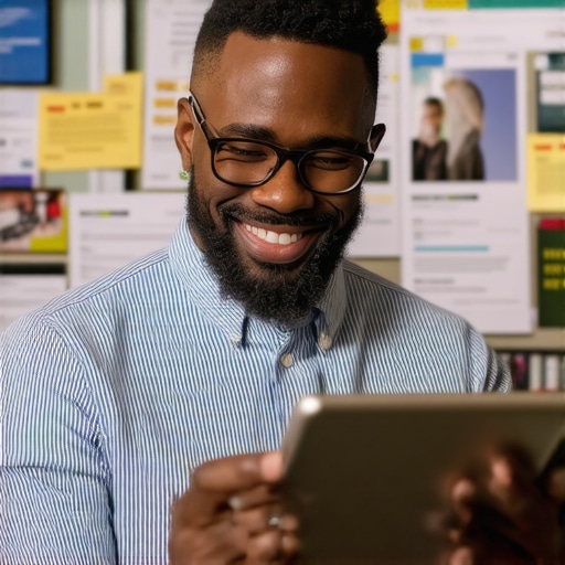 Business owner analyzing positive reviews on digital device