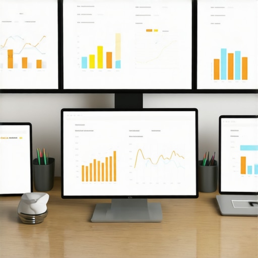Digital SEO Workspace with Analytics Dashboards Screenshot of local SEO tools on multiple screens showing rankings and analytics.