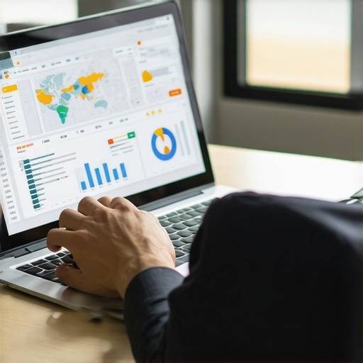 Monitoring Local SEO Performance with Tools An individual analyzing local SEO metrics on a laptop, focusing on map visibility and ranking charts.