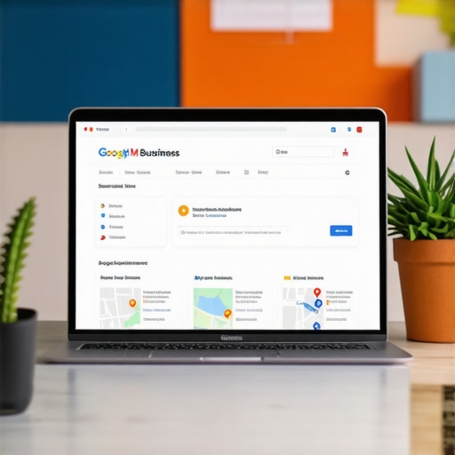 Person editing Google My Business profile on laptop with maps and review icons