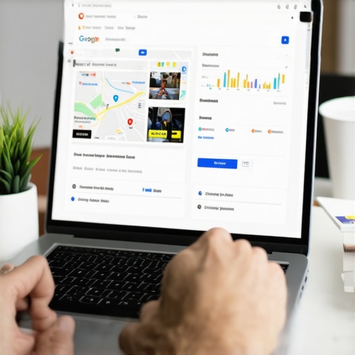 Person updating Google My Business profile on a laptop with maps and analytics