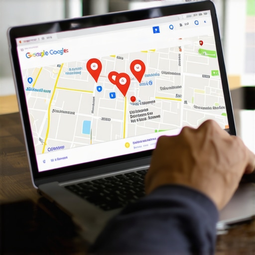 Person optimizing Google Maps profile on laptop, showing local business pins with strategic improvements
