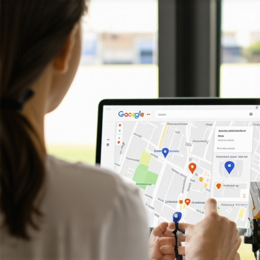 Business owner updating GMB profile on a laptop with local map visuals.