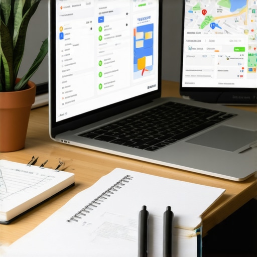 A workspace featuring SEO software dashboards and notes on map pack strategies.