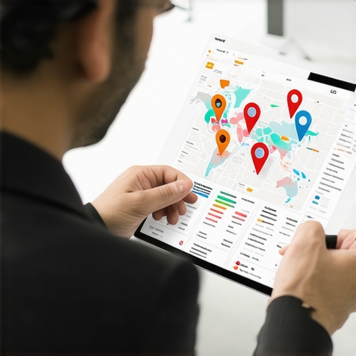 Businessman reviewing local map rankings on a tablet.