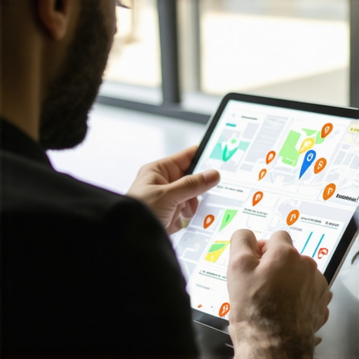 Business owner reviewing local SEO data on a tablet with map and engagement icons.