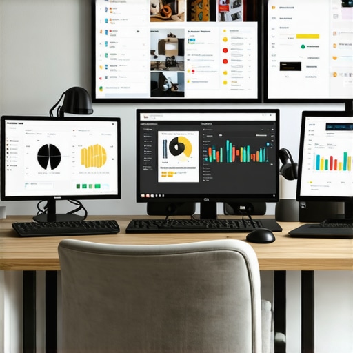 Professional workspace with multiple screens showing SEO and review management tools.