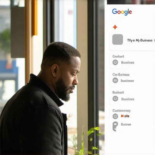 Business owner enhancing GMB profile with photos and reviews for quick rank rise.