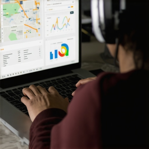 Person analyzing local SEO metrics on a laptop with maps and charts.
