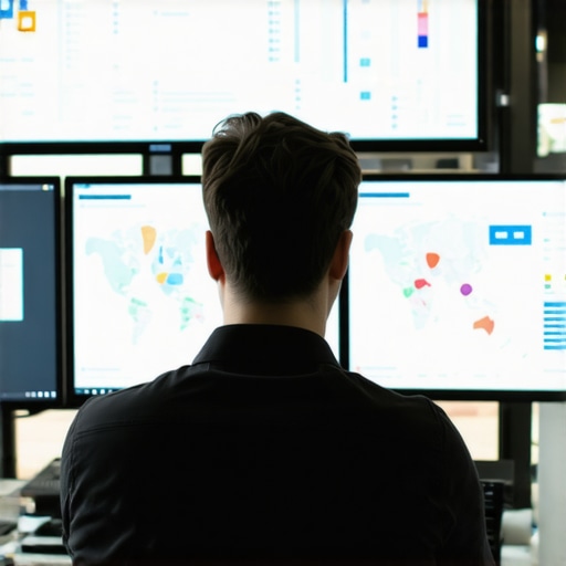 A person analyzing local business map rankings on a computer with data dashboards