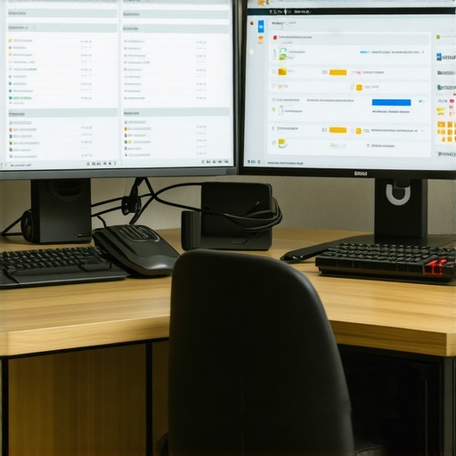 Workspace with monitors showing local SEO analytics and tool dashboards.