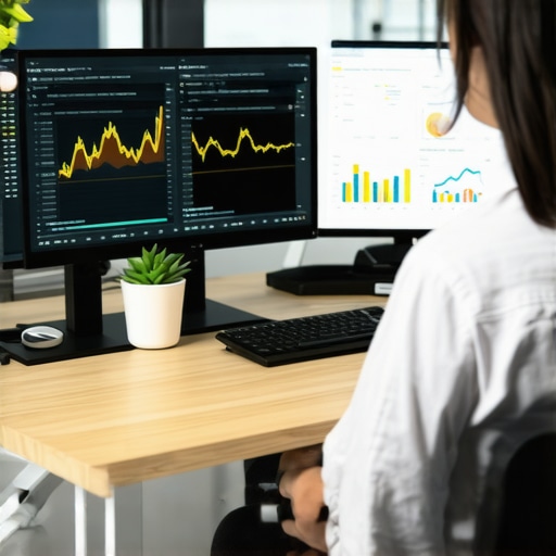 Person analyzing store data and updates on multiple monitors at a desk.