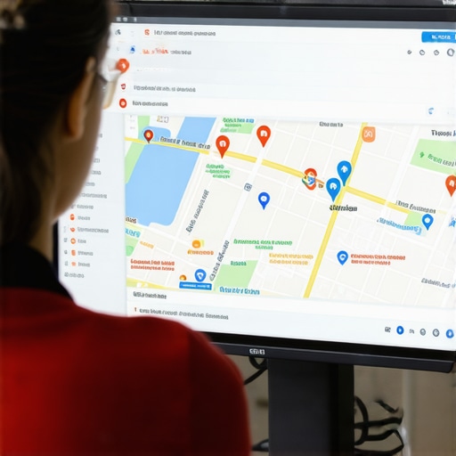 Person working on Google My Business profile with maps and data analytics on screen.