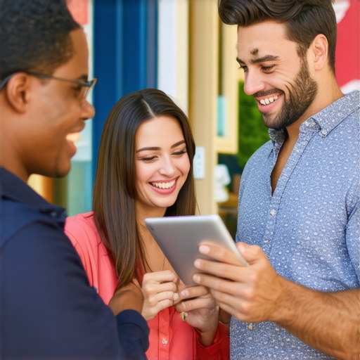 Business owner responding to reviews on a tablet in front of storefront with happy customers.